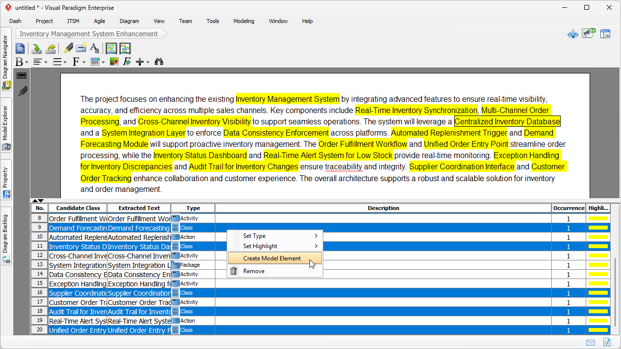 Let's say the user is pleased with the candidate classes selected. She can now form a Class Diagram from them. Select the row