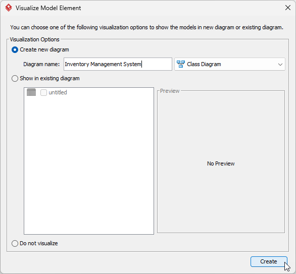 Give a name to the class diagram and click Create to continue. - Professional online diagram maker tool