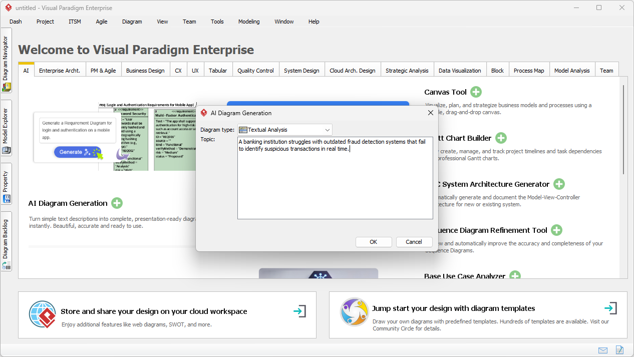 This is a screenshot of Visual Paradigm (aka. Visual Paradigm Desktop). It is now showing the use of AI diagram generation to