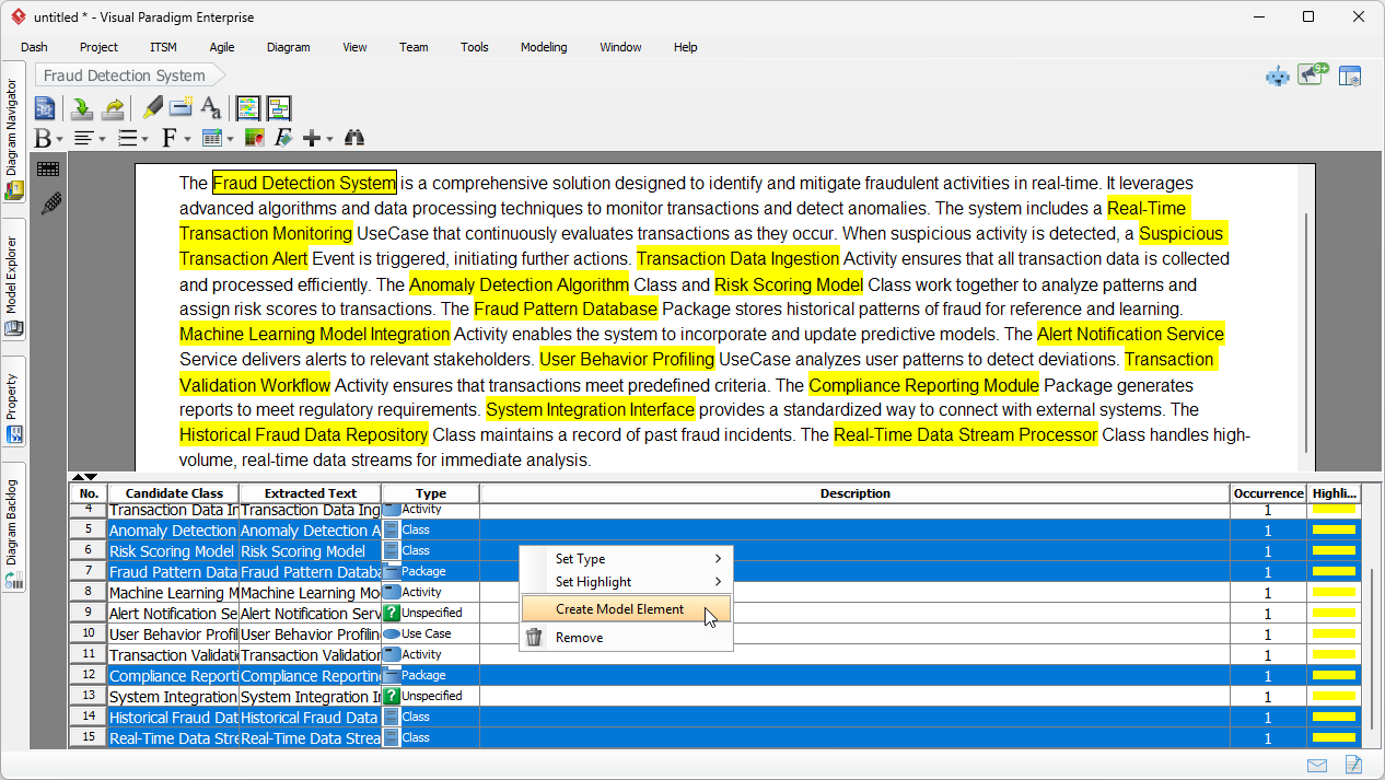 Let's say the user is pleased with the candidate classes selected. She can now form a Class Diagram from them. Select the row