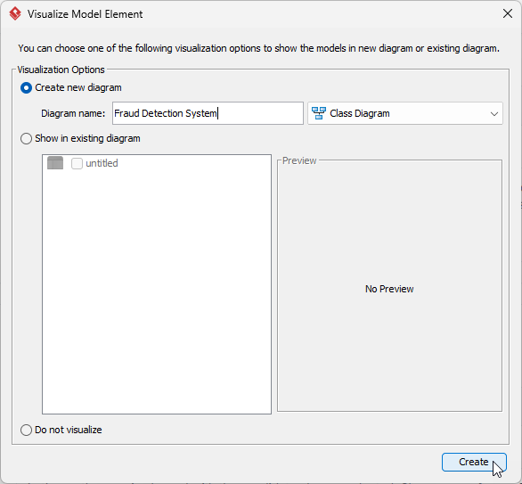 Give a name to the class diagram and click Create to continue. - Professional online diagram maker tool