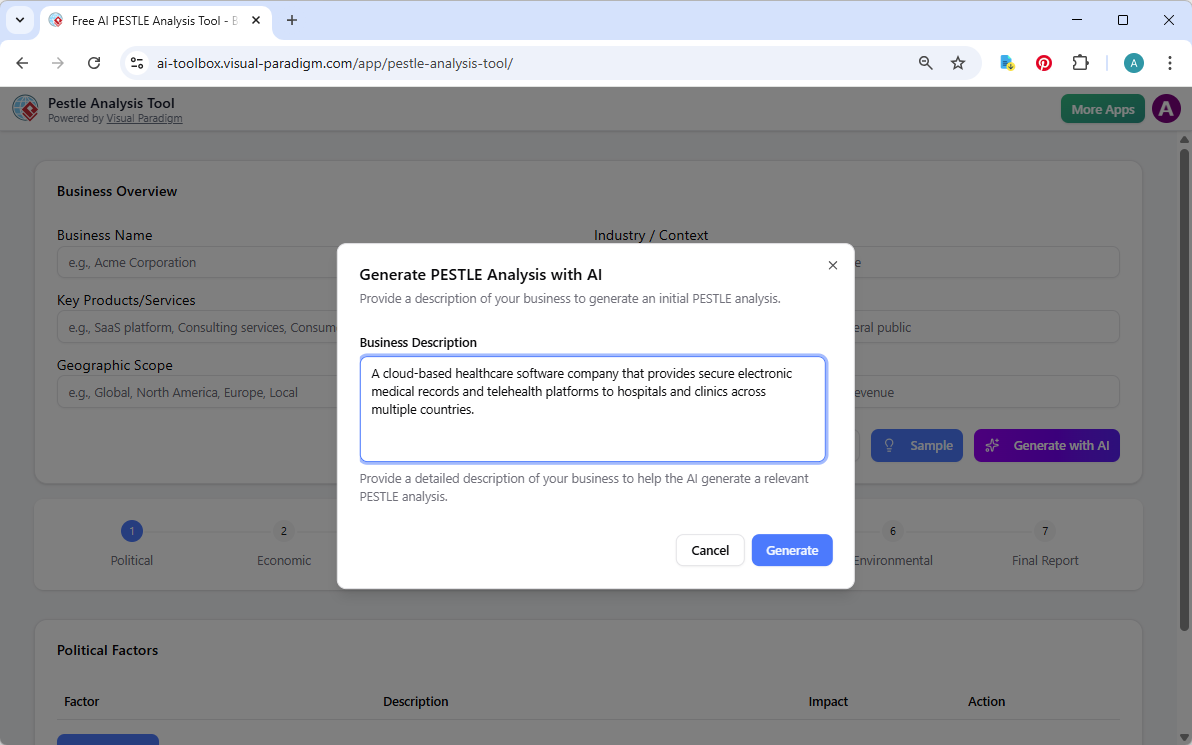 This is the screenshot of Visual Paradigm's AI-Powered PESTLE Analysis Tool. It is now at AI generation screen, where the use