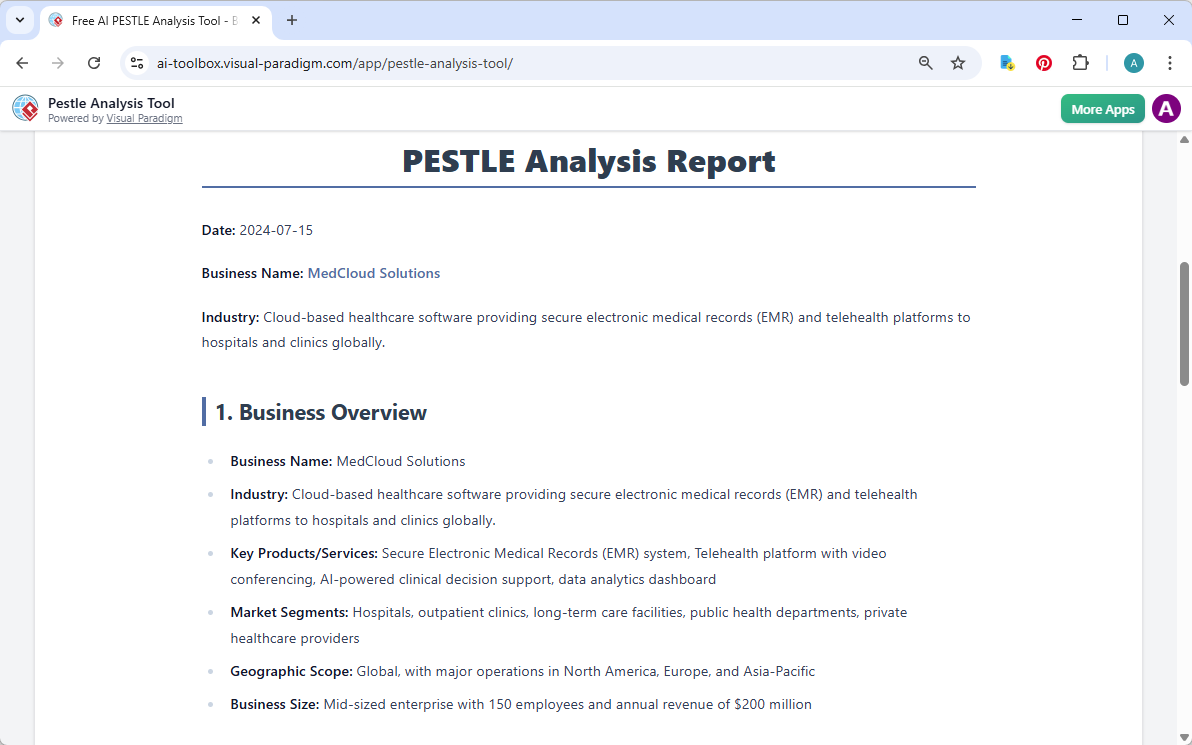 This is the screenshot of Visual Paradigm's AI-Powered PESTLE Analysis Tool. It is now at step 7. A report is produced to sum