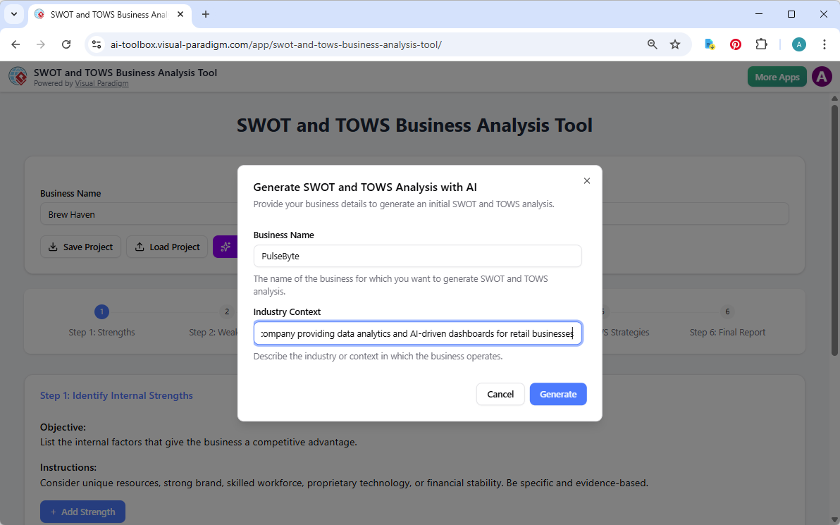 This is the screenshot of Visual Paradigm's AI-Powered SWOT and TOWS Business Analysis Tool. It is now at AI generation scree