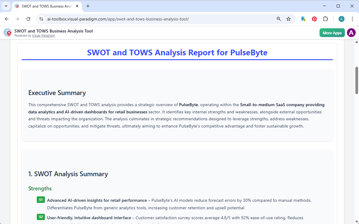 This is the screenshot of Visual Paradigm's AI-Powered SWOT and TOWS Business Analysis Tool. It is now at step 6. A report is