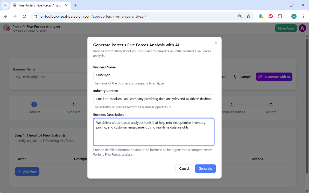 This is the screenshot of Visual Paradigm's AI-Powered Porter's Five Forces Analysis Tool. It is now at AI generation screen,