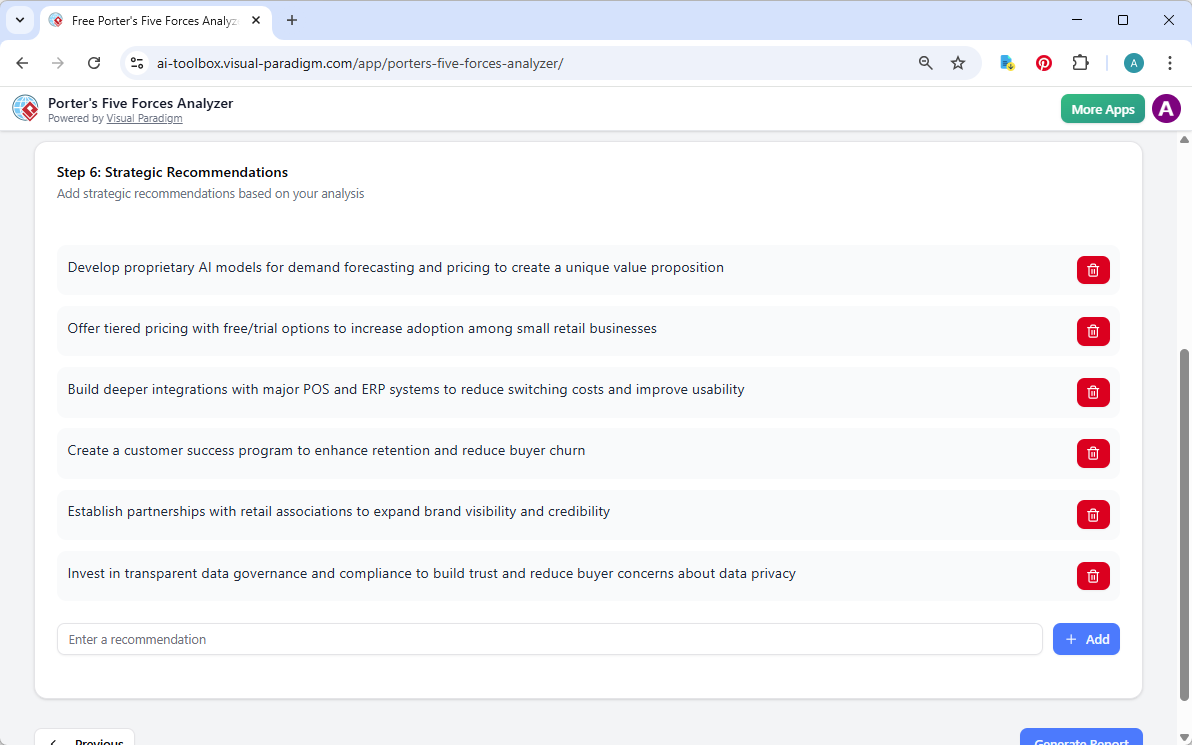 This is the screenshot of Visual Paradigm's AI-Powered Porter's Five Forces Analysis Tool. We are now at step 6. The details 