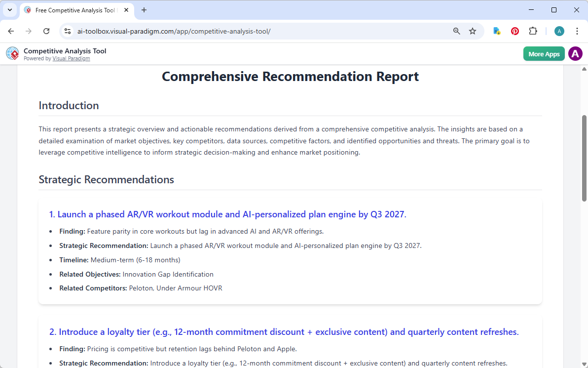 This is the screenshot of Visual Paradigm's AI-Powered Competitive Analysis Tool. It is now at step 7. A report is produced t