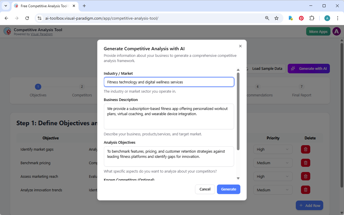 This is the screenshot of Visual Paradigm's AI-Powered Competitive Analysis Tool. It is now at AI generation screen, where th