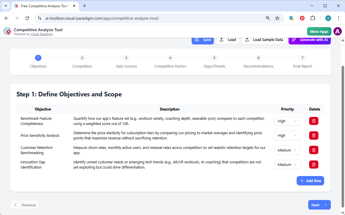 This is the screenshot of Visual Paradigm's AI-Powered Competitive Analysis Tool. We are now at step 1. The details is genera