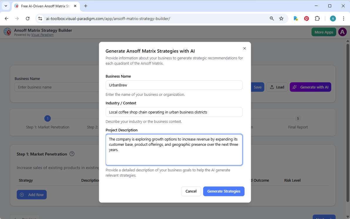 This is the screenshot of Visual Paradigm's AI-Powered Ansoff Matrix Strategy Tool. It is now at AI generation screen, where 
