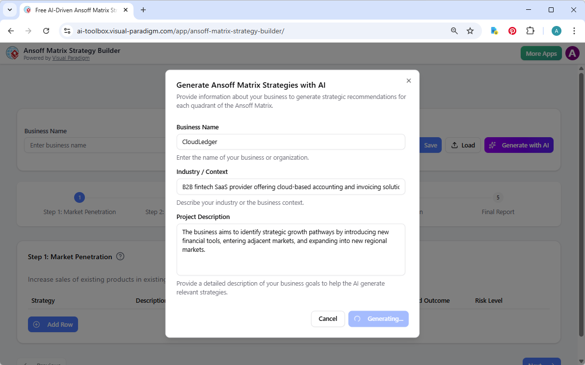This is the screenshot of Visual Paradigm's AI-Powered Ansoff Matrix Strategy Tool. It is now at AI generation screen, where