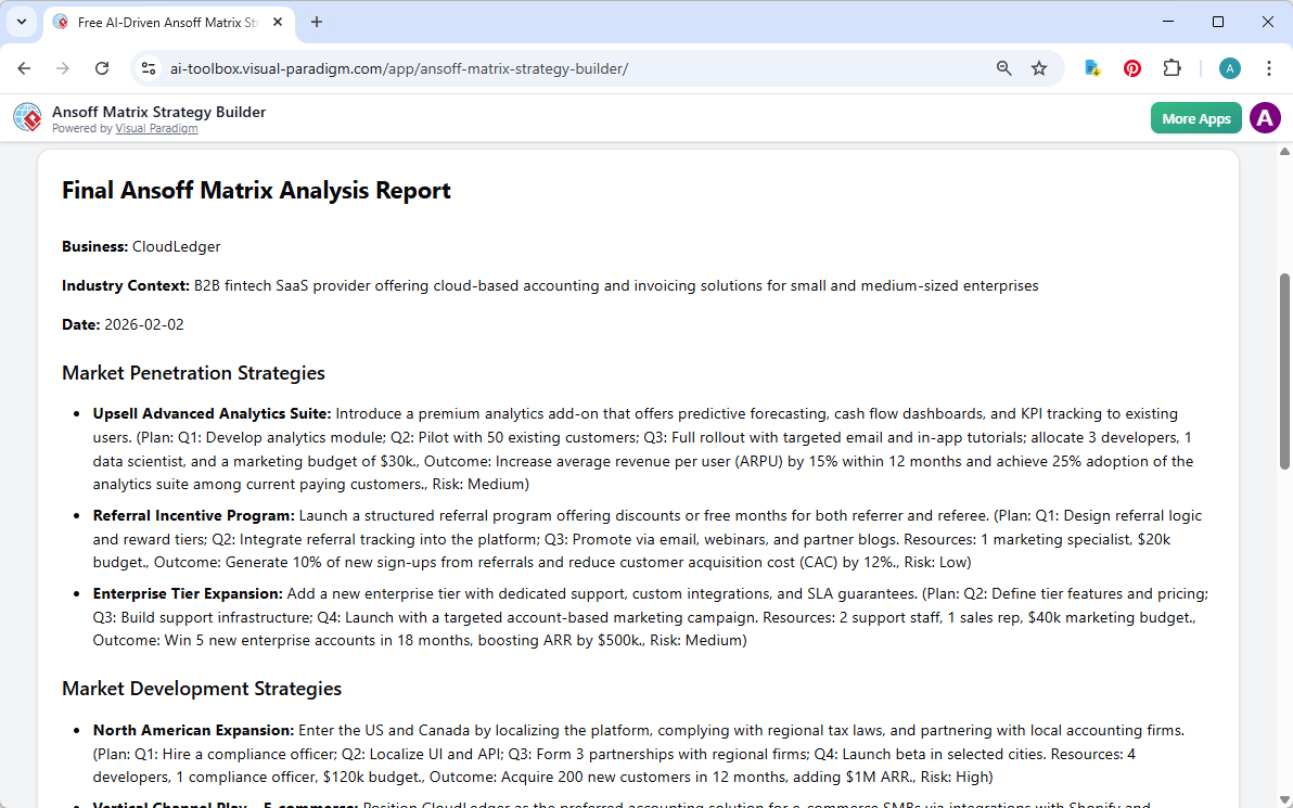 This is the screenshot of Visual Paradigm's AI-Powered Ansoff Matrix Strategy Tool. It is now at step 5. A report is produced