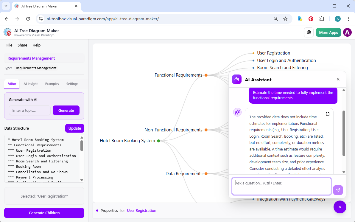 This is a screenshot of Visual Paradigm's AI-Powered Tree Diagram Maker, which continues with the previous example by asking