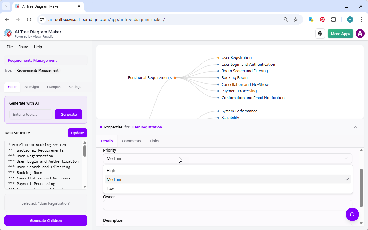 What makes this tool unique is that you can detail the tree diagram nodes. Like this case, the user is selecting the node