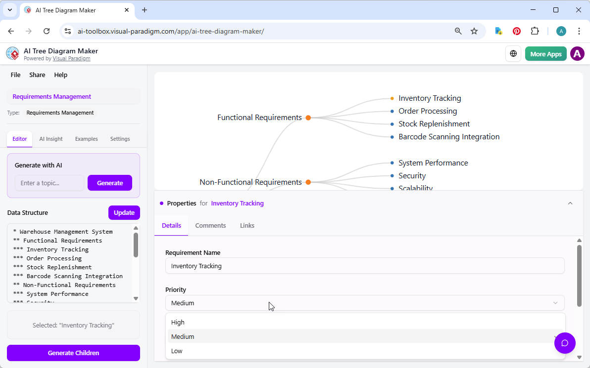 What makes this tool unique is that you can detail the tree diagram nodes. Like this case, the user is selecting the node