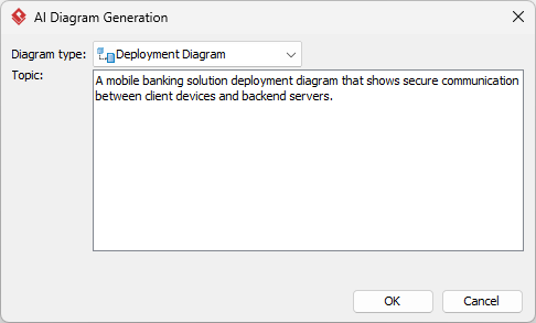 Selected Deployment Diagram as diagram type. Entered the topic:
A mobile banking solution deployment diagram that shows secur