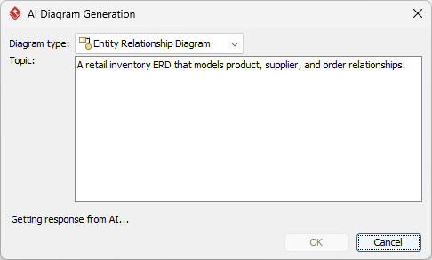 Selected Entity Relationship Diagram as diagram type. Entered the topic:
A library management ERD that defines relationships 