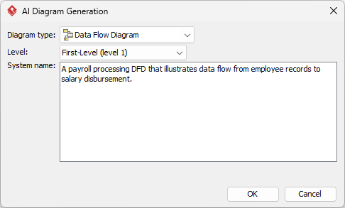 Selected Data Flow Diagram as diagram type. Entered the topic:
A payroll processing DFD that illustrates data flow from emplo