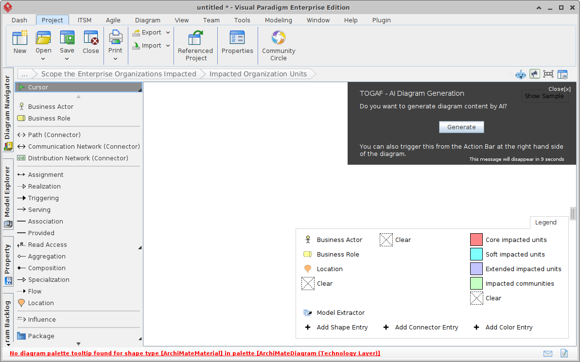 This is a screenshot of Visual Paradigm’s TOGAF with AI support.It demonstrates how to activate the AI assistant.Once the diagram editor is open, click