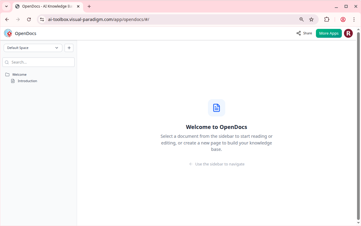 Initial View: Visual Paradigm OpenDocs application landing page upon launch.