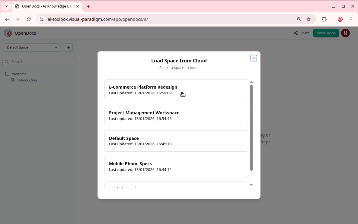 Selecting a Space: Choosing a dedicated project folder (Space) to load its hierarchical documents and diagrams.