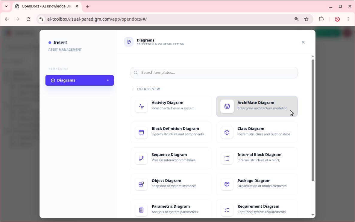 Choosing Diagram Type: Selecting an industry-standard template (such as Class, Sequence, or Activity diagram) to add to the Space.