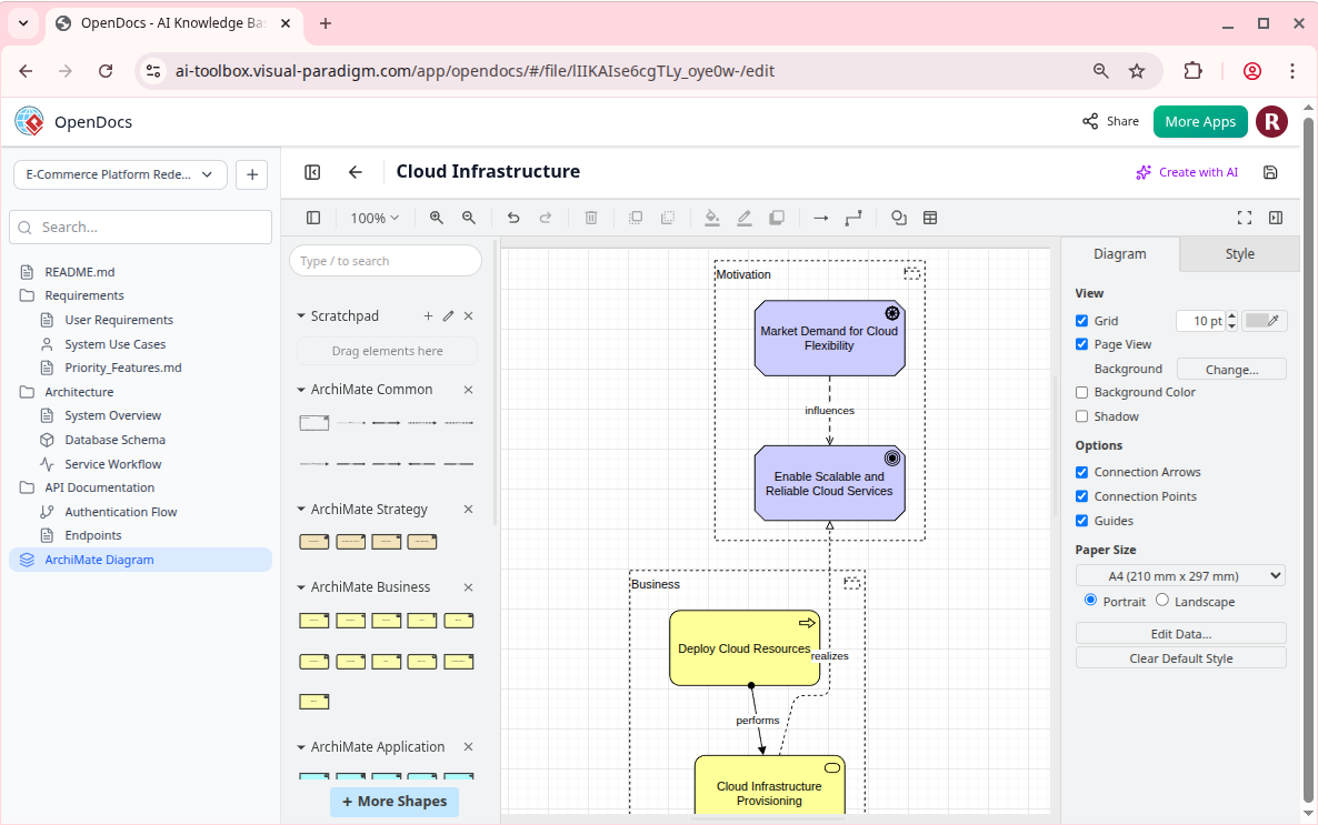 Diagram Customization: Utilizing the full-featured diagram editor to modify shapes and connectors.