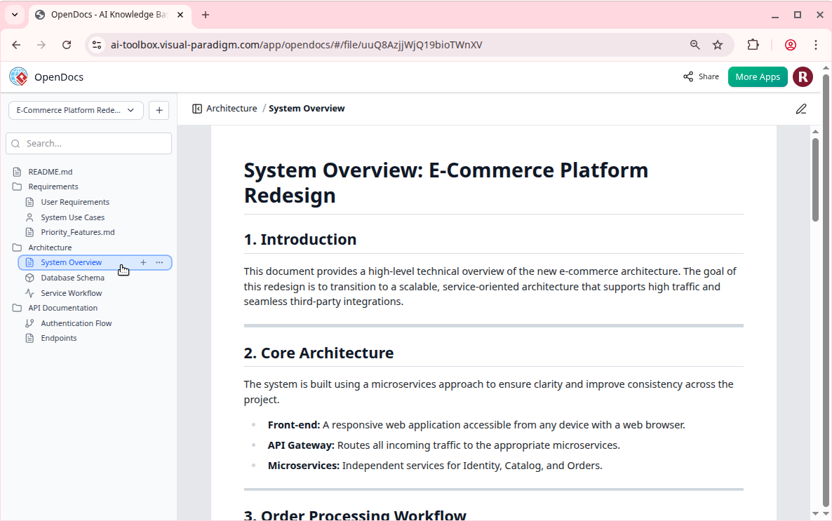 Document Preview: Viewing a formatted Markdown document within the Space.