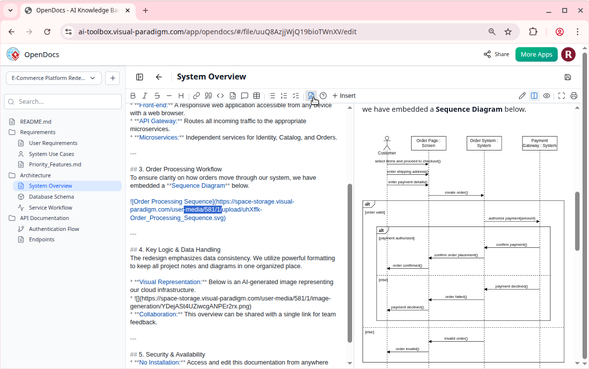 Activating Embedded Edit: Clicking an embedded diagram within a document to trigger the